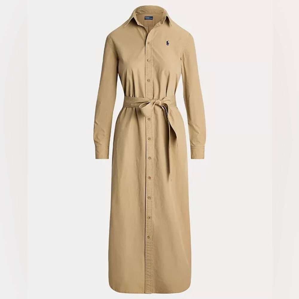 Polo Ralph Lauren Women's Belted Cotton Midi Shirtdress 10 Tan Khaki Button Up